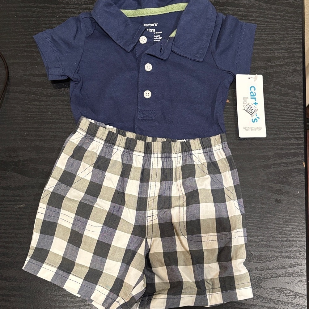 Carter's Blue Polo with Checkered Shorts